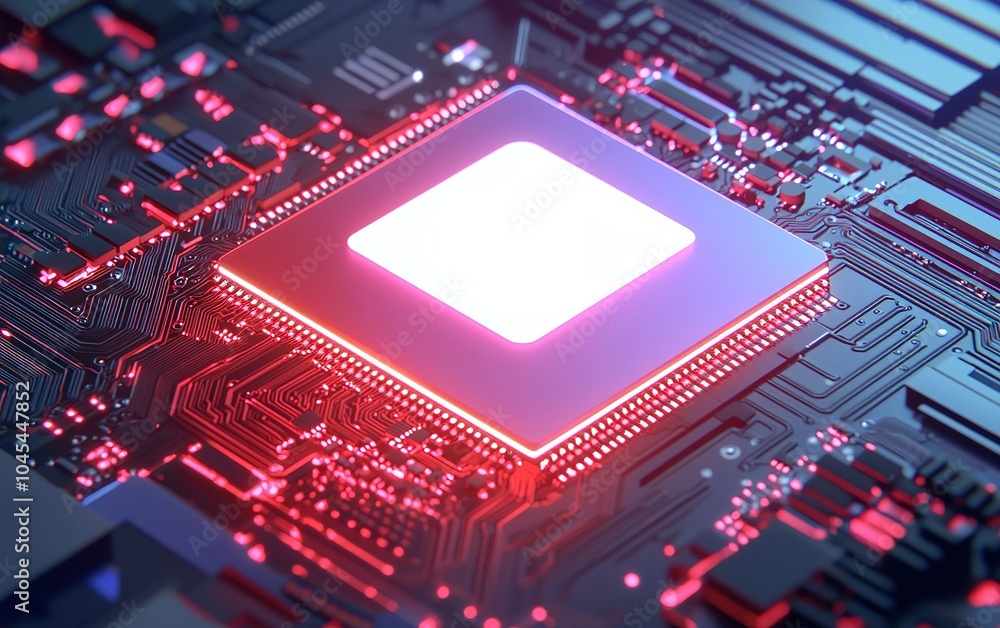 Poster close-up of a glowing microchip on a circuit board showcasing advanced technology and design element