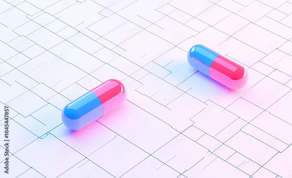 Poster two colorful capsules on a light abstract background contrasting science and medicine in a modern se