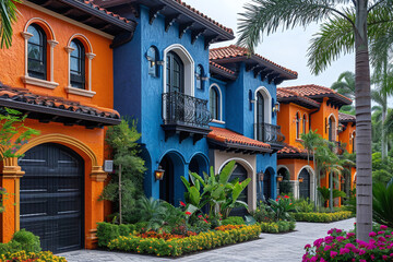 Colored apartment building or hotel with balconies, featuring a traditional stucco finish on private homes. Colorful stucco finish traditional private townhouses. front view, Residential architecture 