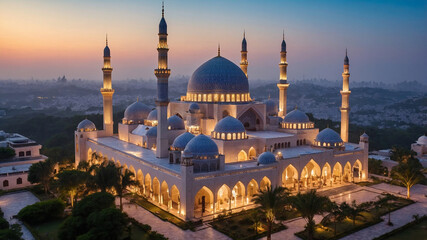 Fototapeta premium Stunning nighttime view of a well-lit mosque with a beautiful dome and minarets in a serene cityscape.