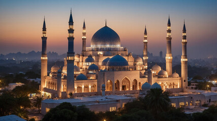 Fototapeta premium Stunning nighttime view of a well-lit mosque with a beautiful dome and minarets in a serene cityscape.