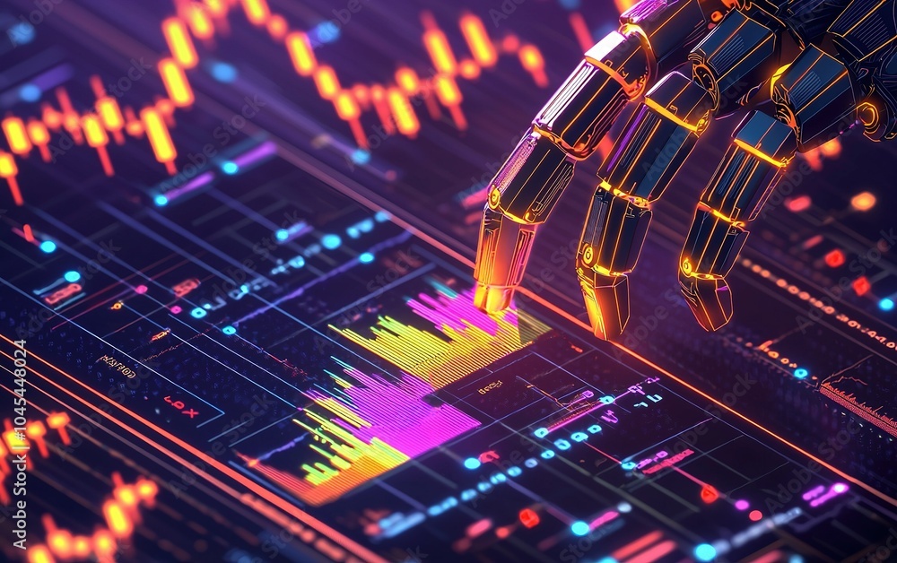 Poster a robotic hand interacts with vibrant financial data on a digital display in a futuristic trading en