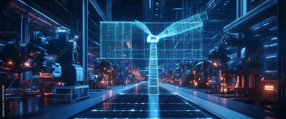 Poster Futuristic factory with glowing blue digital structure in the center and rows of robotic arms.