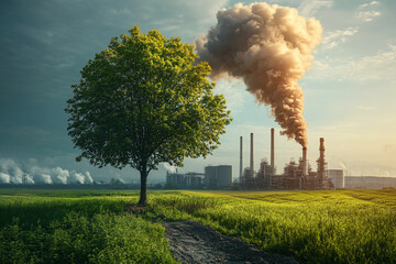 A green tree and meadow with clear air in comparison to a factory emitting pollution and its impact on climate change.