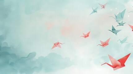 Tranquil origami cranes flying across a dreamy sky background for zen art and design