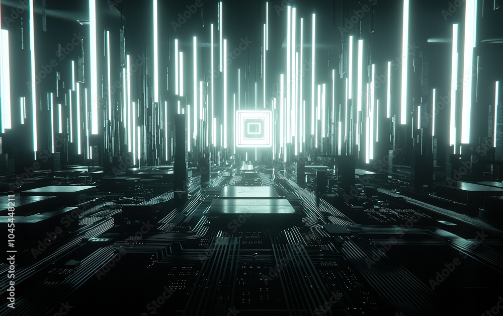 Poster a futuristic digital landscape showcasing glowing circuits and vertical light beams in an abstract t
