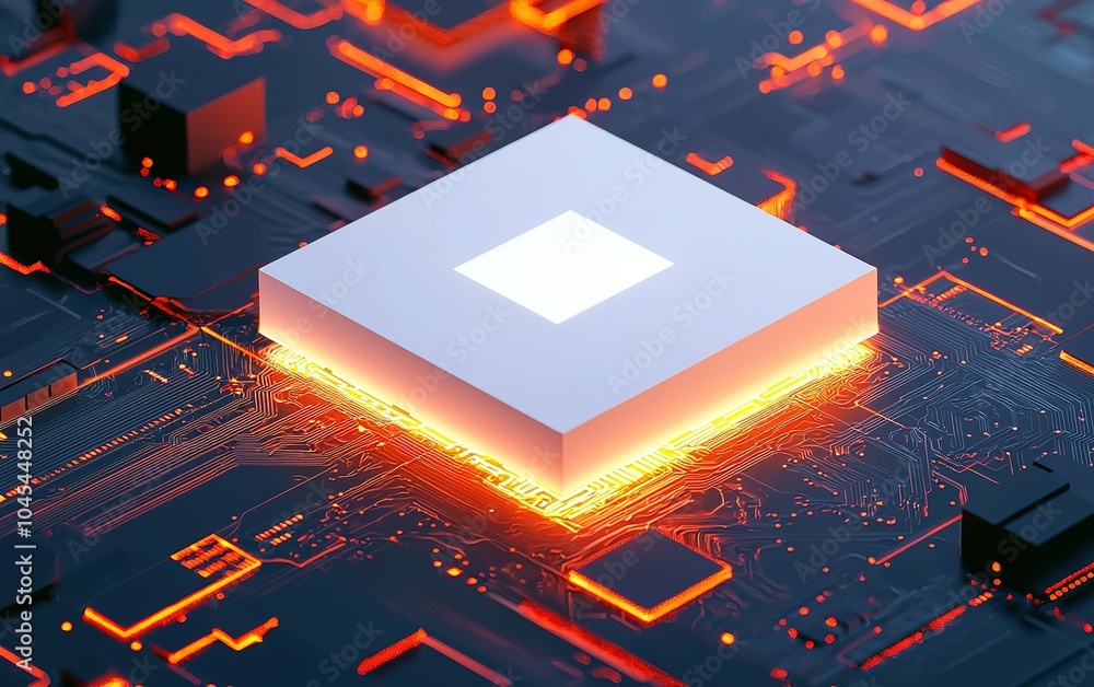 Poster close-up view of a glowing microchip on a circuit board surrounded by intricate electronic component