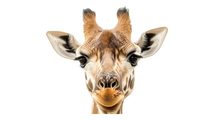 Naklejka premium A close-up view of a cheerful giraffe's face showcasing distinct markings and expressive features against a clear background.