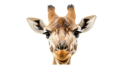 A close-up view of a cheerful giraffe's face showcasing distinct markings and expressive features against a clear background.