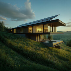 Obraz premium Contemporary house featuring solar panels, set against a scenic backdrop