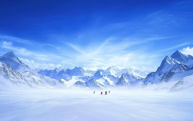 Obraz premium Skiers navigate a snowy mountain landscape beneath a vibrant blue sky on a bright winter day