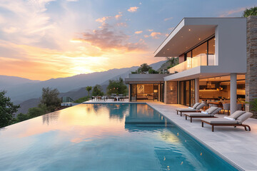Fototapeta premium Exterior photo of modern and luxury minimalist cubic villa with big outdoor swimming pool with sea view in background 