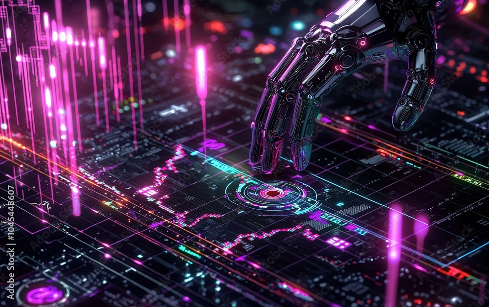Poster a robotic hand interacts with a glowing digital interface in a futuristic technology setting at nigh