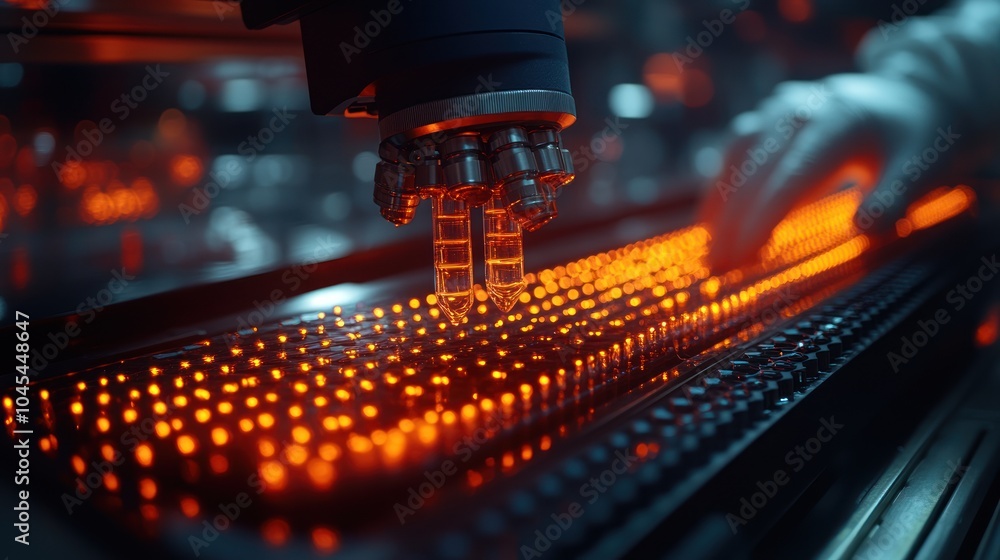 Poster robotic arm manipulating samples in a high-tech laboratory.