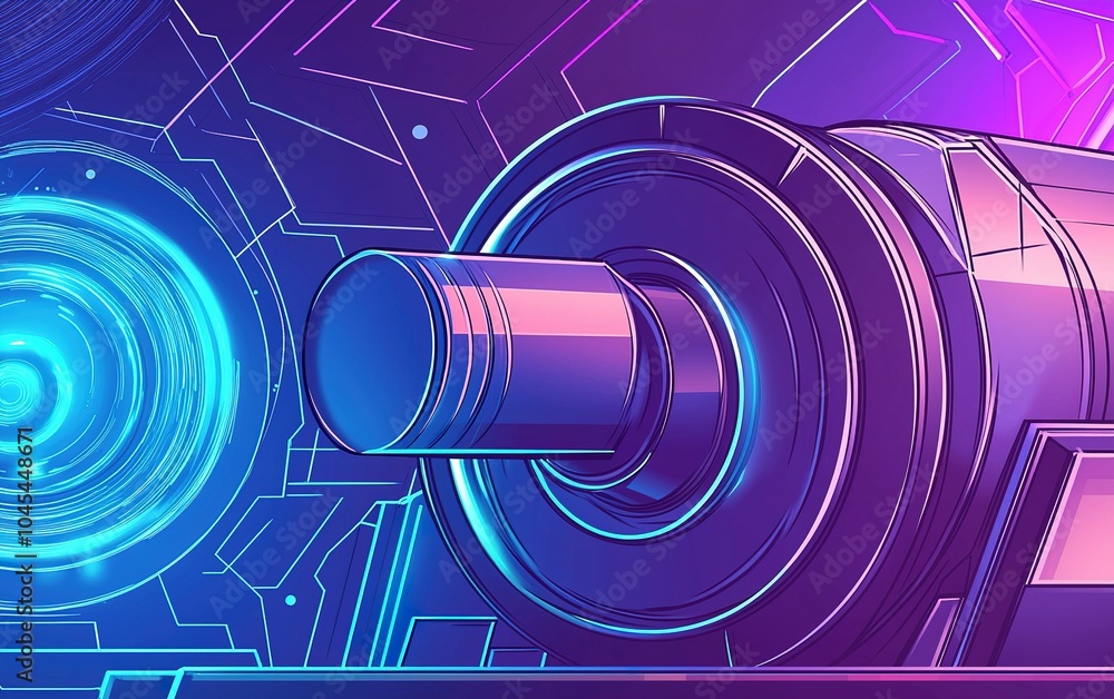 Poster futuristic cylindrical device design with abstract technology patterns and vibrant light effects