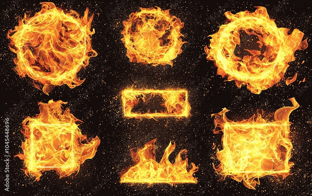 Poster fire shapes and flames creating various forms against a dark background in vibrant orange and yellow