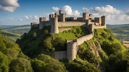Obraz premium A stunning medieval castle atop a hill with long walls and towers under a blue sky with fluffy clouds.