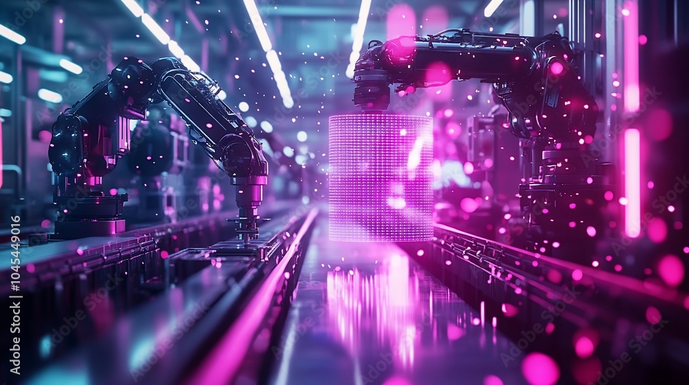 Aufkleber futuristic factory with robotic arms working on a production line, illuminated by neon lights.