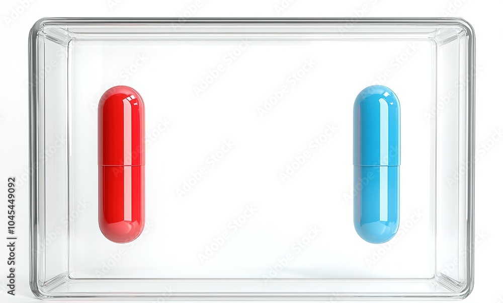 Poster two capsules in contrasting colors displayed inside a transparent container on a minimalist surface