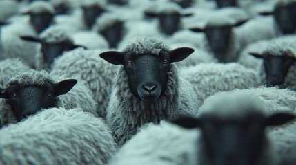 Black sheep standing out in a flock of white sheep; odd one out, individuality, uniqueness, diversity, outlier.
