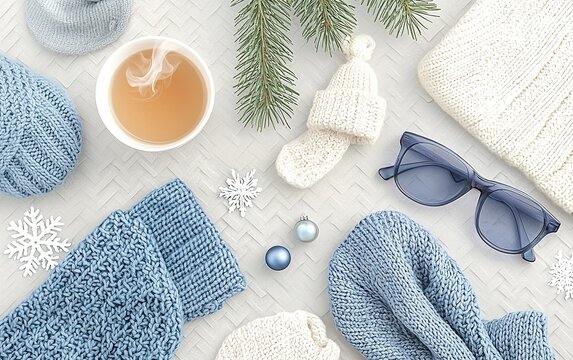 Cozy winter flat lay featuring knitted accessories, a warm drink, and decorative elements on a soft background