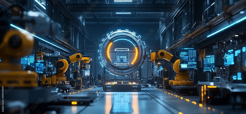 Fototapete Futuristic factory with robots and glowing circular portal.