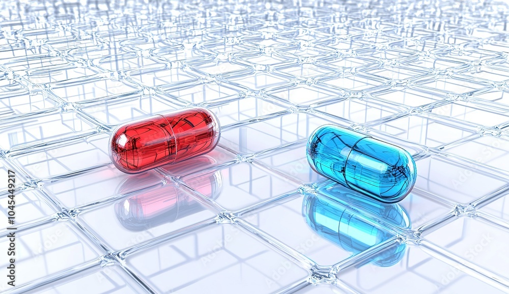 Poster red and blue capsules on a reflective grid background displaying a colorful, modern aesthetic in a d