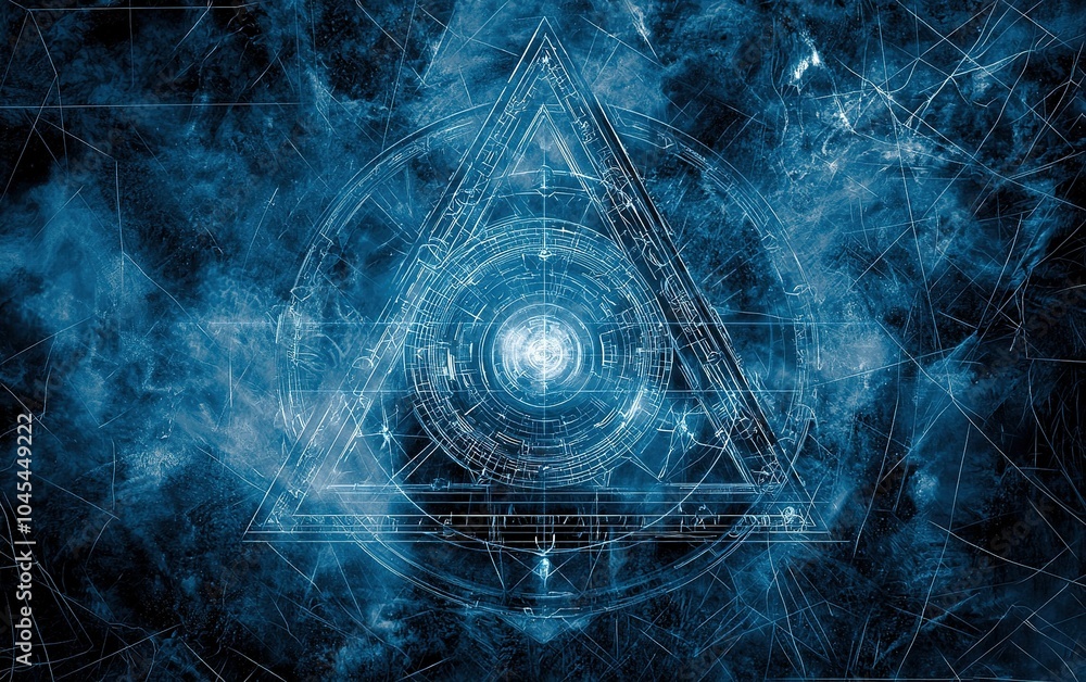 Poster A glowing blue geometric design with a central orb surrounded by intricate patterns on a dark cosmic background