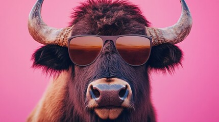 Buffalo Wearing Sunglasses Against Pink Background