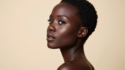Elegant Black Female Model in High-Fashion Glamour Photography – Natural Beauty with Melanin Glow on Neutral Background
