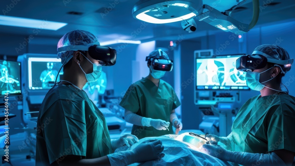 Poster surgeons using virtual reality in an operating room for advanced medical procedures.