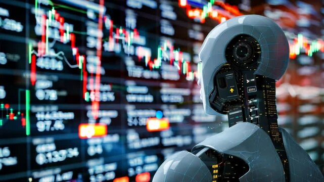 Futuristic Robot Analyzing Stock Market Data on Digital Screen Intersection of Technology, Finance, and Automation in Data Analysis and Trading