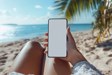 Mockup image of a woman holding and using mobile phone with isolated blank desktop screen white sitting on the beach in front of tropical island background, sea view