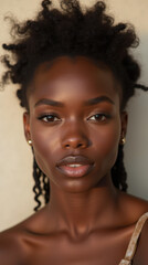 Elegant Black Female Model in High-Fashion Glamour Photography &ndash; Natural Beauty with Melanin Glow on Neutral Background