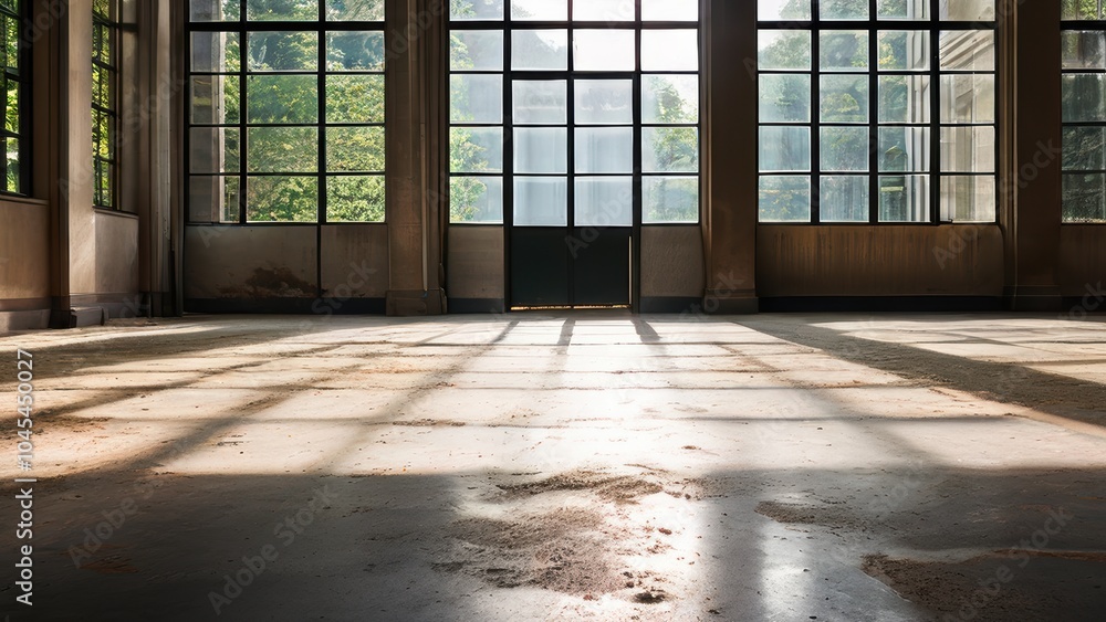 Poster sunlight streams through large windows onto a dusty floor in an empty room.
