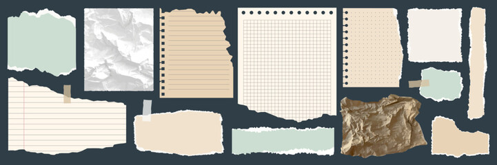 Paper shapes with jagged uneven edges. Torn, crumpled paper, shreds of notebook pages. Torn paper pieces set. Ripped fragments for message label, banner, collage, text box, sticker, poster