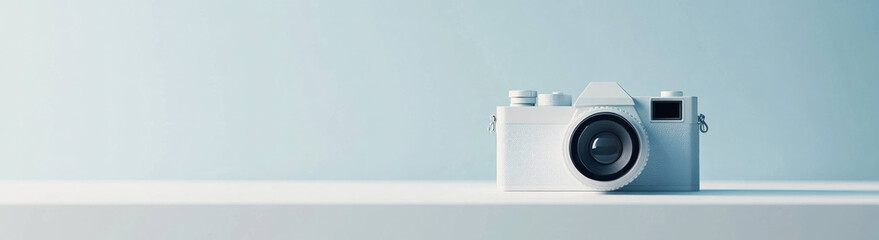 vintage camera placed on white surface, minimalistic design and serene ambiance