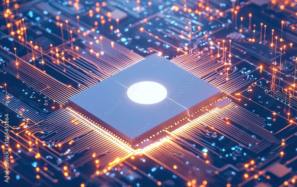 Poster a close-up view of a glowing microchip surrounded by intricate circuitry and electronic connections 