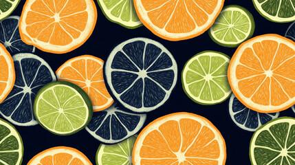 Fototapeta premium A colorful design of oranges and limes with green leaves. The design is vibrant and lively, with a sense of freshness and health 