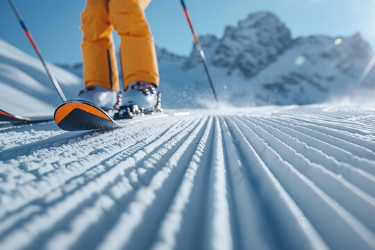 Skier riding over the slope prepared by snowcat. Skier skiing un tracked groomers. Extreme winter sport adventure, copy space, banner concept