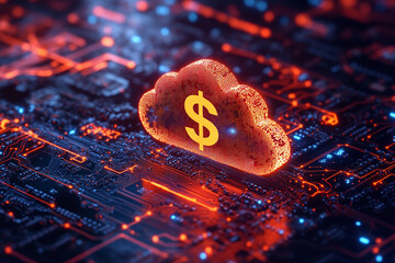 A visual of futuristic cloud with glowing dollar sign symbolizing digital finance and cloud technology increased expenses. Ideal for business, finance, and tech themes