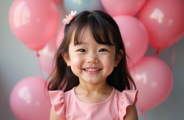 Obraz premium Portrait of happy asian little girl in pink dress on balloons background