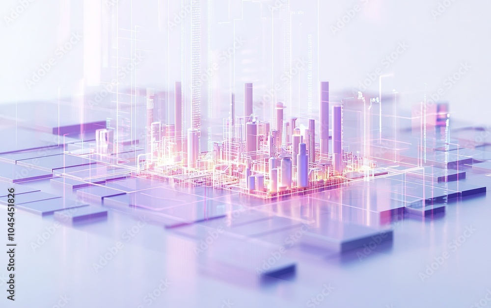 Poster a futuristic city skyline generated through digital technology with vibrant colors and abstract desi