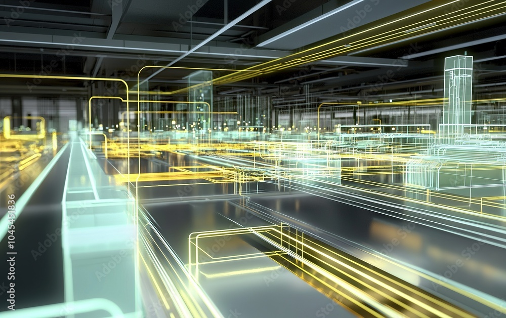 Poster futuristic urban landscape illuminated by neon lines and glowing structures in a digital environment