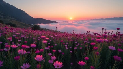 Obraz premium Majestic mountain sunrise over vibrant pink flower fields