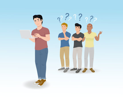 Vector illustration of a boy working on the computer and others wondering. presentation for doubts