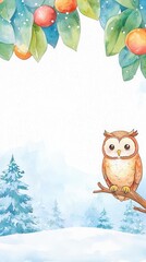 An owl perched quietly on a snow-laden branch, surrounded by a winter landscape of watercolor trees and gentle falling snow