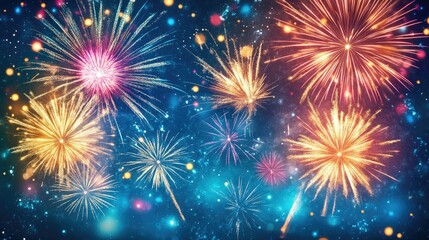 Fireworks explode over a quiet countryside, lighting the night sky, with copy space