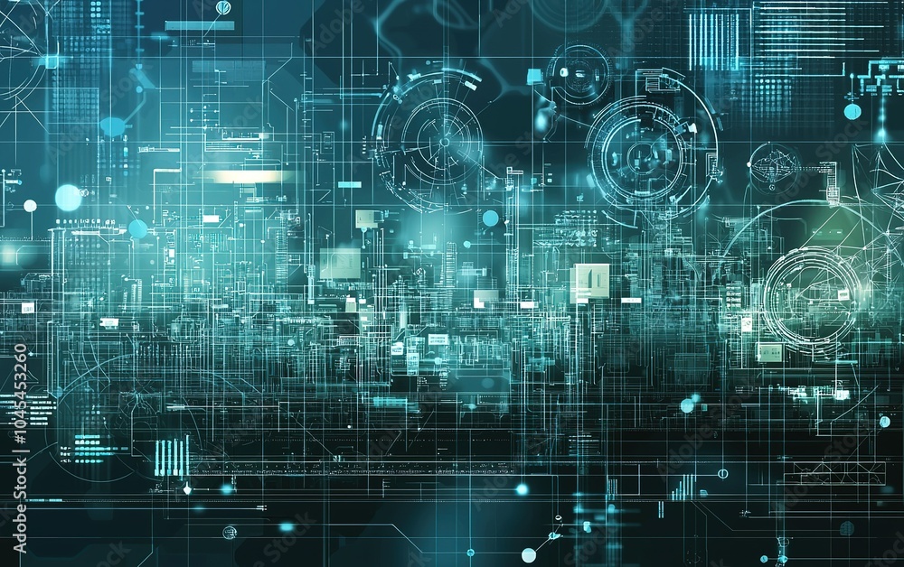 Poster abstract digital technology background featuring interconnected lines and glowing circles in shades 