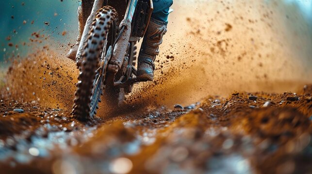 Close-up part of mountain bikes race in dirt track with flying debris